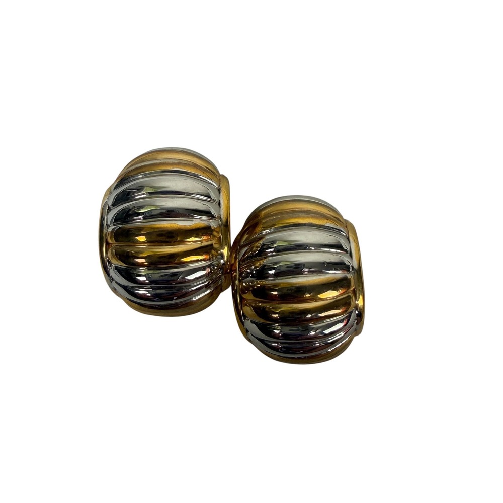 NLH Nat Landau Hyman Vintage Gold Silver Ribbed Dome Clip On Earrings Chunky